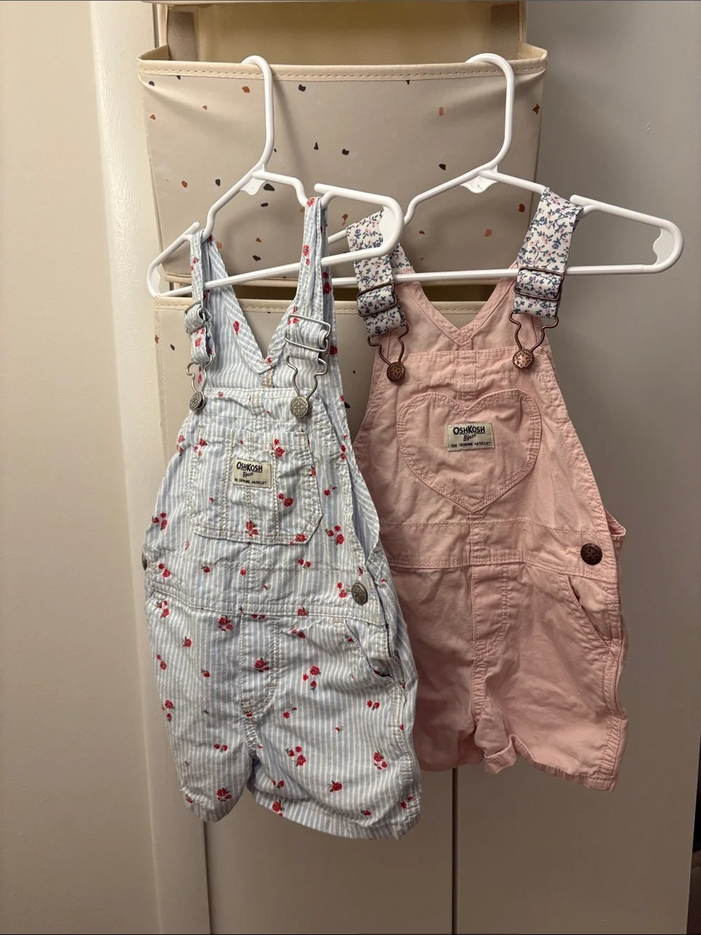 OshKosh B'gosh Pink Short Overalls & Blue Stripe Cherry Shortalls Set